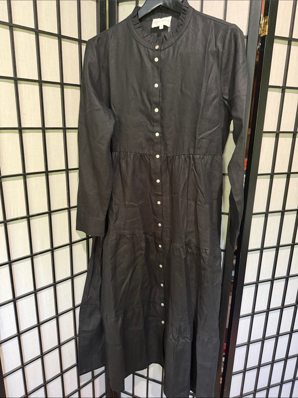 Alice Walk NEW Black Ruffle Collar Maxi Dress Nantucket Button-Front Organic Cot
